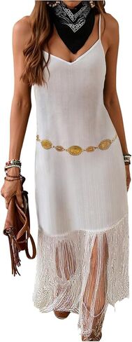 Verdusa Women's Western Fringe Dress Vintage Deep V Neck Maxi Cowgirl Dresses in Kuwait