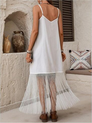 Verdusa Women's Western Fringe Dress Vintage Deep V Neck Maxi Cowgirl Dresses in Kuwait