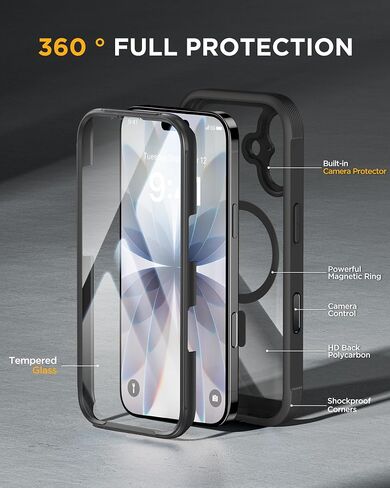 Miracase Magnetic لـ 17 Case 6.3 '' [متوافق مع Magsafe] علبة الهواتف الكاملة للجسم مع واقي شاشة زجاجي ومدمج ، و Srop Proof 17 ، وغطاء ، أسود in Kuwait