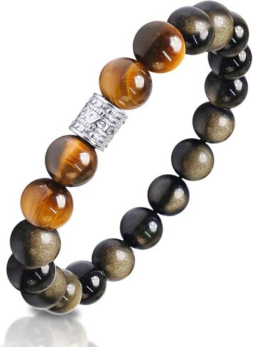 سوار رجالي Tiger Eye & Obsidian ، 10 ملم من الحجر الطبيعي للرجال الموضة الأساور للرجال هدية الرجال ، سوار الفولاذ المقاوم للصدأ للرجال ، مجوهرات الرجال للأب ， صديقها ， الزوج in Saudi Arabia