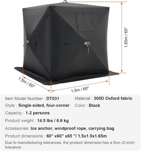 VEVOR Portable Pop-Up Tent, 1-8 Person Insulated Shelter, Large Fishing Area, Hub-Style Shanty for Winter Fishing, Waterproof Oxford Ice Cube with Anchors/Ropes/Carrying Bag in Saudi Arabia