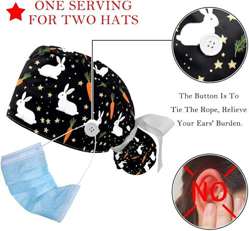 2 -Pack Scrub Caps Women Nursing Hats Rainbow Animal Horse with Buttons Ponytail Working Adjustable Pouch Tie Back in Saudi Arabia