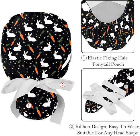 2 -Pack Scrub Caps Women Nursing Hats Rainbow Animal Horse with Buttons Ponytail Working Adjustable Pouch Tie Back in Saudi Arabia