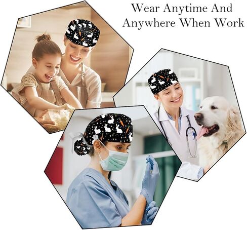 2 -Pack Scrub Caps Women Nursing Hats Rainbow Animal Horse with Buttons Ponytail Working Adjustable Pouch Tie Back in Saudi Arabia