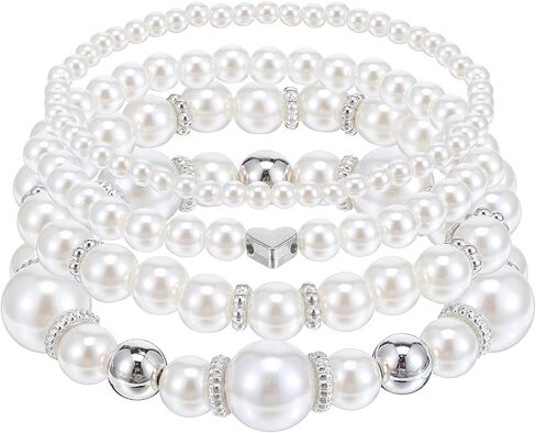 4Pcs Gold Pearl Bracelets For Women Stackable Stretch Bead Bracelets Multilayered Elastic White and Gold Pearl Bracelet For Women Bridesmaid Bridal Wedding Jewelry (Gold) in Saudi Arabia