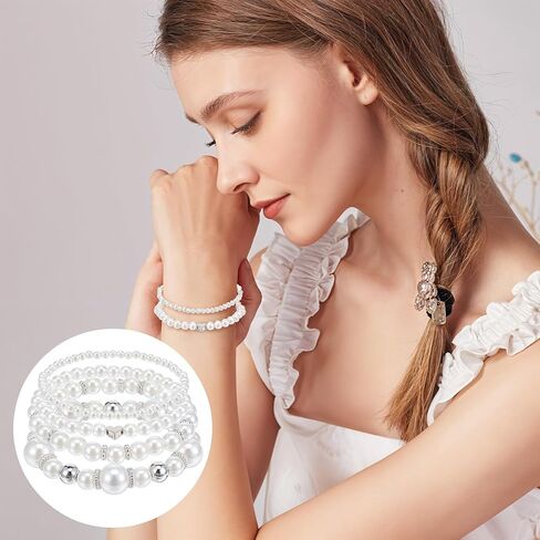 4Pcs Gold Pearl Bracelets For Women Stackable Stretch Bead Bracelets Multilayered Elastic White and Gold Pearl Bracelet For Women Bridesmaid Bridal Wedding Jewelry (Gold) in Saudi Arabia