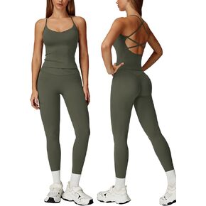 Women 2 Piece Workout Sets Padded Criss Cross Back Crop Tank Tops Tummy Control Leggings Yoga Outfits with Pocket in Kuwait