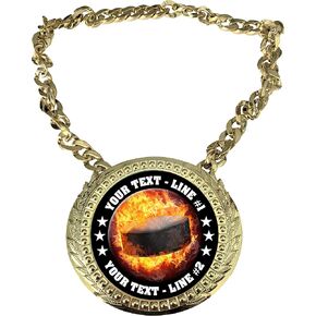 Express Medals Custom Flame Hockey Champ Chain Trophy with 2 Lines of Personalized Text on a Large Rigid Plastic Award Medal and 34 Inch Long Gold Color Neck Chain. EMFCL800 in Saudi Arabia