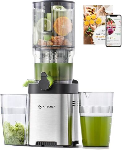 AMZCHEF Cold Press Juicer, 5.4" Juicer Machines with Large Feed Chute for Whole Fruits & Vegetables, Stainless Steel Juice Extractor with Large Auger, Triple Strainers, Easy Cleanup & Assembly in Kuwait