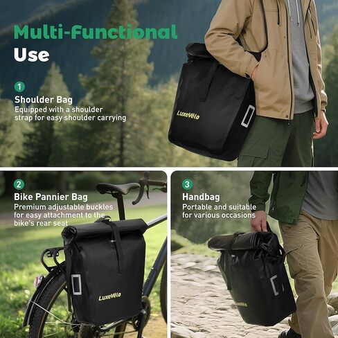 Luxevelo Lightweight Bike Pannier Bag – 27L Expandable Weather-Resistant Storage, 550D Durable PVC with Reflective Safety Strips, Multi-Functional Rack/Shoulder Bag for Commuting/Travel/Cycling in Saudi Arabia