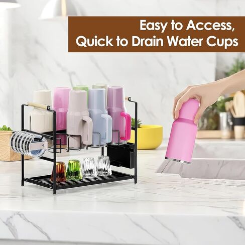 رف تجفيف منظم زجاجات المياه من هوسوليوشن لكوب سعة 40 أونصة بمقبض، حامل تخزين أكواب متعدد الوظائف متوافق مع ستانلي وأوالا وسيمبل مودرن وغيرها من العلامات التجارية، فضي (حاصل على براءة اختراع) in Kuwait