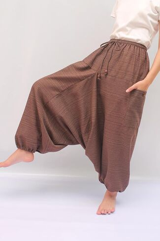 بنطال Wynnthaishop'100% قطن فضفاض بوهو علاء الدين يوجا (S-XL للخصر من 26 بوصة إلى 42 بوصة بني) in Saudi Arabia
