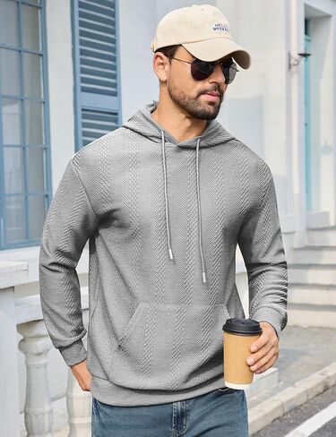URRU Mens Hoodies Sweatshirts Texture Long Sleeve Drawstring Casual Pullover Hooded Shirt in Kuwait