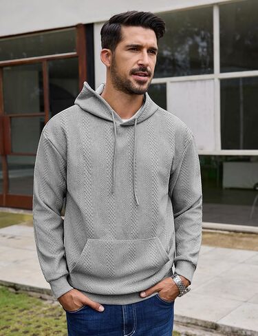 URRU Mens Hoodies Sweatshirts Texture Long Sleeve Drawstring Casual Pullover Hooded Shirt in Kuwait