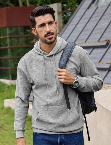 URRU Mens Hoodies Sweatshirts Texture Long Sleeve Drawstring Casual Pullover Hooded Shirt in Kuwait