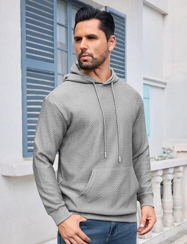 URRU Mens Hoodies Sweatshirts Texture Long Sleeve Drawstring Casual Pullover Hooded Shirt in Kuwait