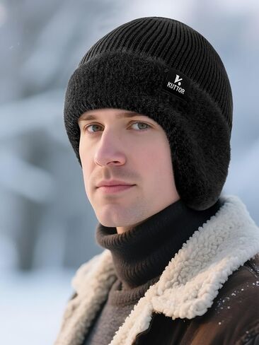 قبعة صوفية متماسكة للشتاء قبعة حرارية مبطنة بالصوف مع غطاء للأذنين مبطن بالصوف للرجال والنساء في الهواء الطلق الطقس البارد in Kuwait