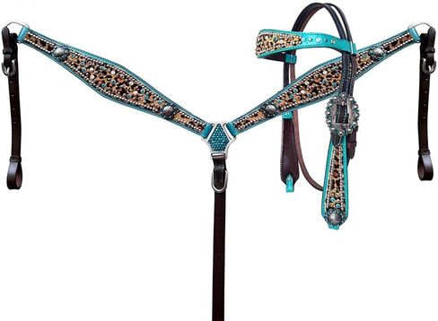 مجموعة Showman Headstall وطوق الثدي مع طباعة الفهد ولون معدني مخضر in Saudi Arabia