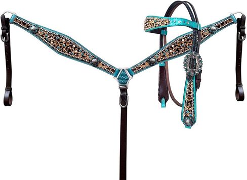 مجموعة Showman Headstall وطوق الثدي مع طباعة الفهد ولون معدني مخضر in Saudi Arabia