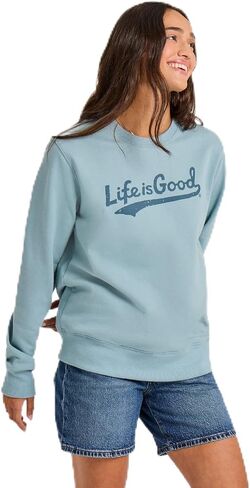 Life is Good. Women's Tonal LIG Ballyard Script Good Vibes Fleece Crew, Smoky Blue in Saudi Arabia