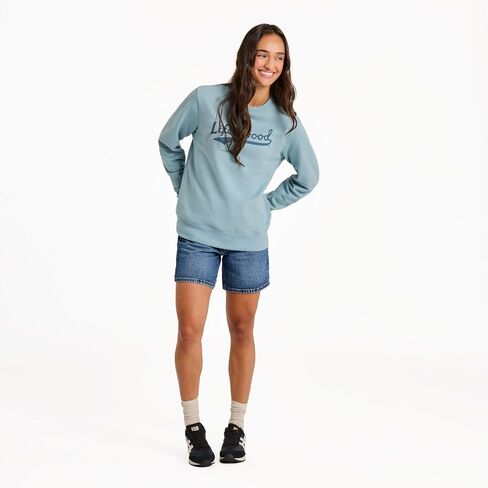 Life is Good. Women's Tonal LIG Ballyard Script Good Vibes Fleece Crew, Smoky Blue in Saudi Arabia