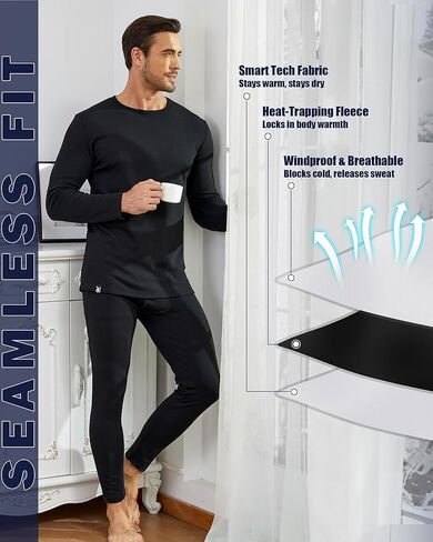 Men Heavyweight Cottony Polyester Thermal Underwear Base Layer Long Johns Blended Fleece Lined Set for Cold Weather in Kuwait