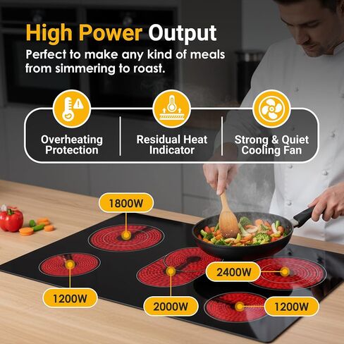 K&H 5 Burner 30 Inch Built-in Electric Stove Top Radiant Ceramic Cooktop Touch Control 240V 8600W CE30-8608 in Saudi Arabia