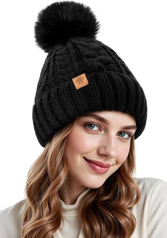 Winter Hats for Women - Fleece Lined Beanie for Women, Warm Winter Hat with Faux Fur Pom in Kuwait
