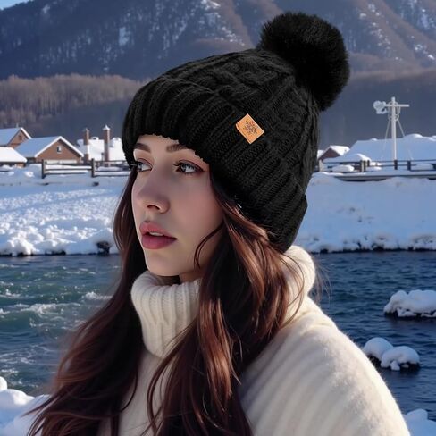 Winter Hats for Women - Fleece Lined Beanie for Women, Warm Winter Hat with Faux Fur Pom in Kuwait