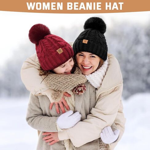 Winter Hats for Women - Fleece Lined Beanie for Women, Warm Winter Hat with Faux Fur Pom in Kuwait