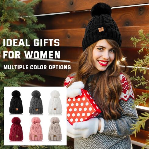 Winter Hats for Women - Fleece Lined Beanie for Women, Warm Winter Hat with Faux Fur Pom in Kuwait