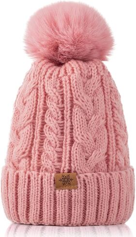 Winter Hats for Women - Fleece Lined Beanie for Women, Warm Winter Hat with Faux Fur Pom in Kuwait
