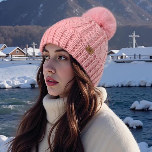 Winter Hats for Women - Fleece Lined Beanie for Women, Warm Winter Hat with Faux Fur Pom in Kuwait