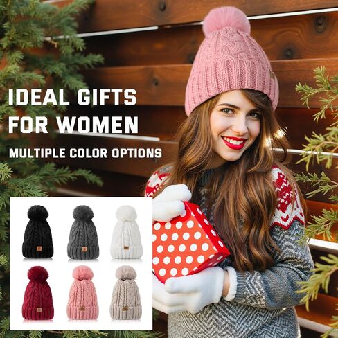 Winter Hats for Women - Fleece Lined Beanie for Women, Warm Winter Hat with Faux Fur Pom in Kuwait
