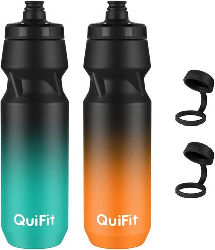 QuiFit Cycling Water Bottle 24oz, 2 Pack Sports Water Bottle BPA Free, Leakproof, Lightweight, With Dust Cap, Fits for Most Bike Drink Holder, for Biking, Running, Travel(Black+Black Orange, 24oz) in Kuwait