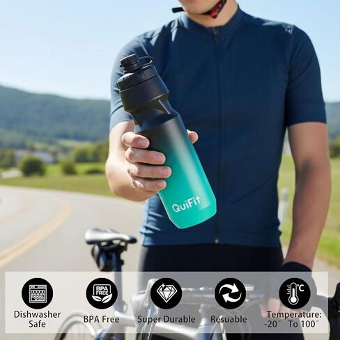 QuiFit Cycling Water Bottle 24oz, 2 Pack Sports Water Bottle BPA Free, Leakproof, Lightweight, With Dust Cap, Fits for Most Bike Drink Holder, for Biking, Running, Travel(Black+Black Orange, 24oz) in Kuwait