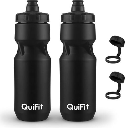 QuiFit Cycling Water Bottle 24oz, 2 Pack Sports Water Bottle BPA Free, Leakproof, Lightweight, With Dust Cap, Fits for Most Bike Drink Holder, for Biking, Running, Travel(Black+Black Orange, 24oz) in Kuwait