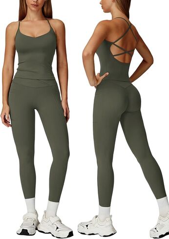 Women 2 Piece Workout Sets Padded Criss Cross Back Crop Tank Tops Tummy Control Leggings Yoga Outfits with Pocket in Kuwait