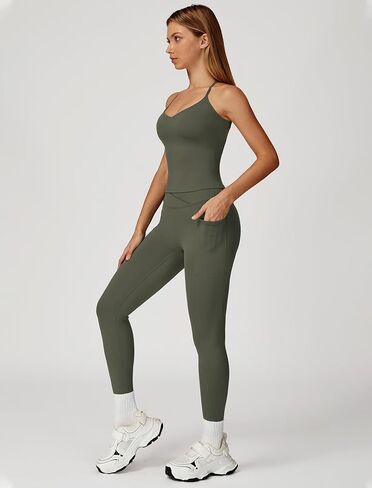 Women 2 Piece Workout Sets Padded Criss Cross Back Crop Tank Tops Tummy Control Leggings Yoga Outfits with Pocket in Kuwait