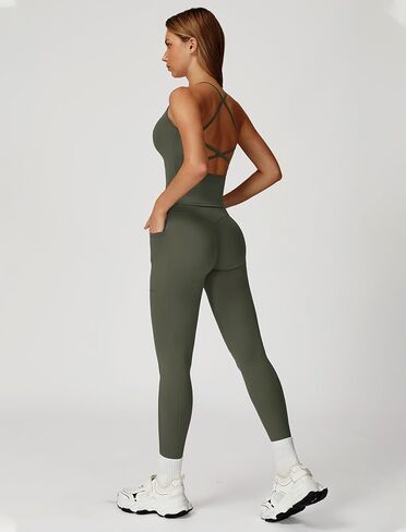 Women 2 Piece Workout Sets Padded Criss Cross Back Crop Tank Tops Tummy Control Leggings Yoga Outfits with Pocket in Kuwait