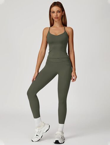 Women 2 Piece Workout Sets Padded Criss Cross Back Crop Tank Tops Tummy Control Leggings Yoga Outfits with Pocket in Kuwait