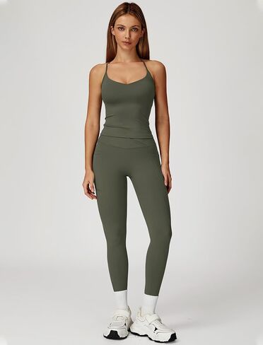 Women 2 Piece Workout Sets Padded Criss Cross Back Crop Tank Tops Tummy Control Leggings Yoga Outfits with Pocket in Kuwait