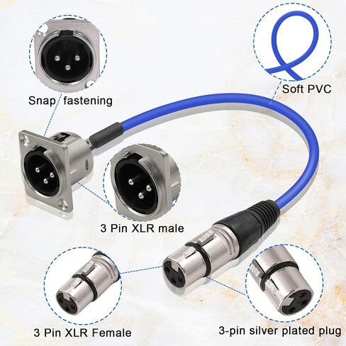 كابل D من النوع XLR بطول 1.6 قدم، عبوتان، أزرق، موصل مروري، D XLR ذكر إلى أنثى لصندوق المسرح المتميز، لوحة التصحيح، حامل اللوحة، صندوق الأرضية، بدون لحام لتركيب الصوت الاحترافي in Kuwait