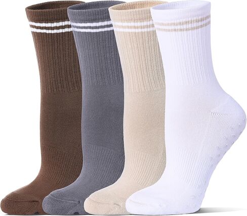 Pilates Grippy Socks for Women Striped Crew Cotton Cushioned Non-Slip Yoga Barre Workout Socks 4 Pairs in Saudi Arabia