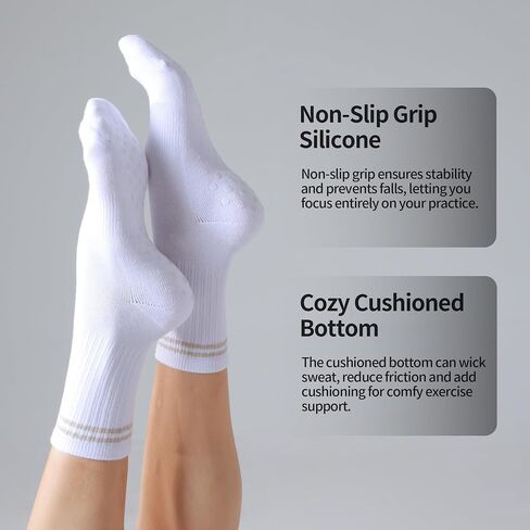 Pilates Grippy Socks for Women Striped Crew Cotton Cushioned Non-Slip Yoga Barre Workout Socks 4 Pairs in Saudi Arabia
