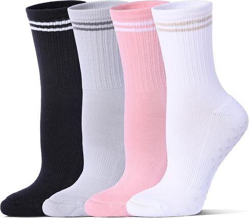 Pilates Grippy Socks for Women Striped Crew Cotton Cushioned Non-Slip Yoga Barre Workout Socks 4 Pairs in Saudi Arabia