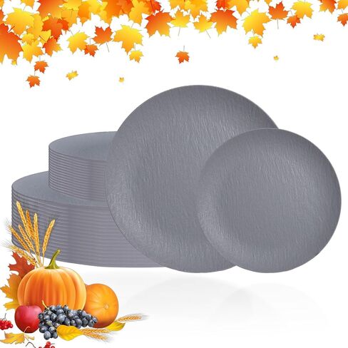 WONDERFUL 32pcs Light Grey Plastic Plates Reusable Unbreakable & Dishwasher safe Dishes Set Outdoor Plates Includes:16 Dinner 10" and 16 Dessert Plate 7.3" Ideal for BBQ Camping in Saudi Arabia