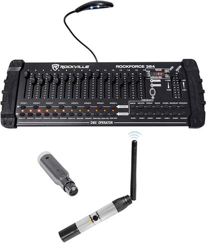 Rockville ROCKFORCE 384 Bundle: 384 Channel Light/Fog DMX Controller, DMX-WTR 2.4GHz Wireless Transmitter, DMX-WRE 2.4GHz Wireless Receiver w/9-Hour Rechargeable Battery, 3-Items in Saudi Arabia