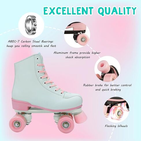Women's and Girl's Classic Roller Skates,PU Leather Fantastic Flash Wheel Kid Roller Skates Girls Ages 6-12 Beginner for Indoor Outdoor in Saudi Arabia