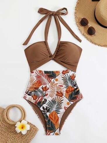 Women's One-Piece Swimsuit High Waisted Tummy Control Tropical Print Halter Neck Bathing Suit,for Beach,for Beach in Saudi Arabia